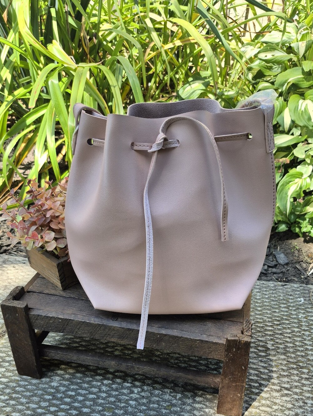 NWT Kayla + Ava Vegan Leather Bow Tie Bucket Bag - Dusty Rose